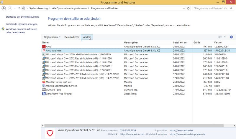 Changing Avira Antivirus applications in Windows Programs and Features