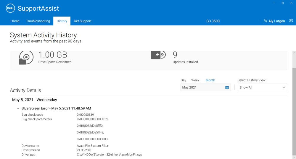 Blue Screen reported in Dell Support Assistant