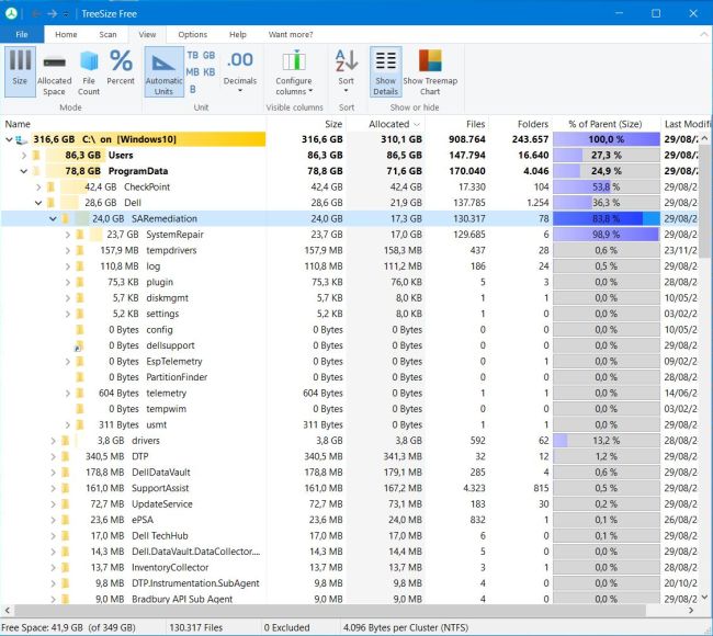 The folder Dell\SARemediation using 24 GB of disk space