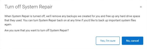 Dell SupportAssist: Warning message when choosing to turn System Repair off