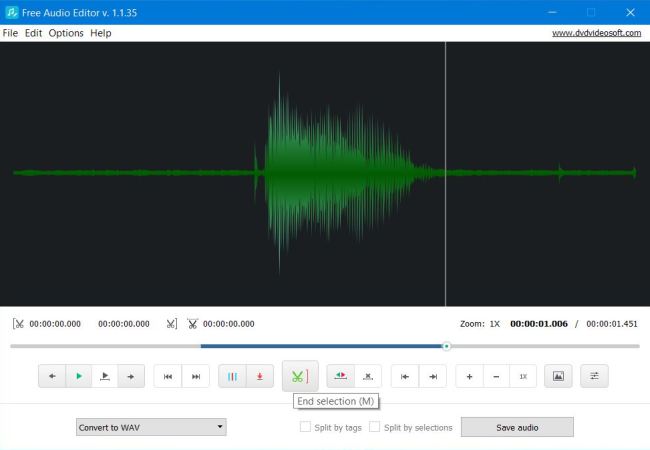 Free Audio Editor: Choose the end of the crop selection