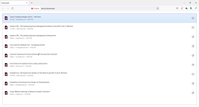 Firefox Downloads list with several complete webpage savings failures
