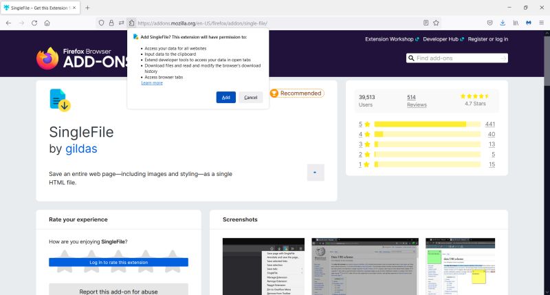 Firefox SingleFile extension: Adding the extension to Firefox