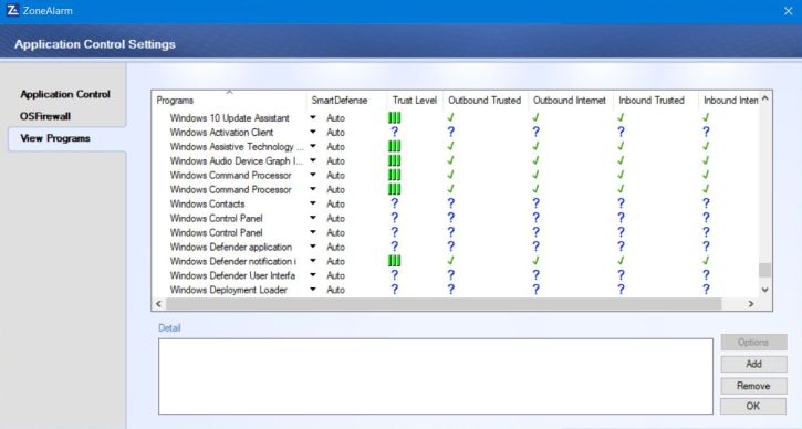 ZoneAlarm Free Firewall: Application control settings