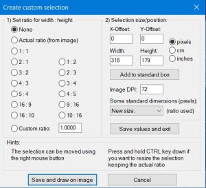 IrfanView: The 'Create custom crop selection' window