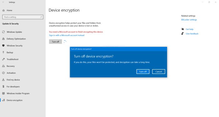 Turning BitLocker encryption off (decryption of system drive)