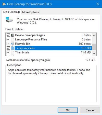 Windows 10 Disk Cleanup: 16GB of temporary files