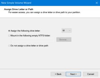 New Simple Volume wizard: Drive letter