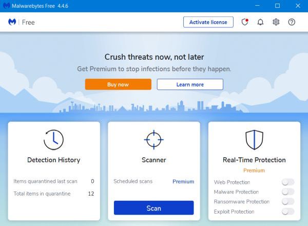 Malwarebytes Free: Dashboard main page