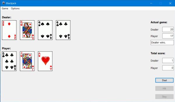 1-player Blackjack card game PC application