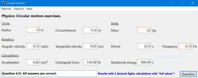 Physics PC application: Circular motion exercise generator