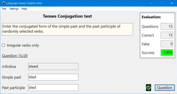 English grammar PC application: Verbs trainer