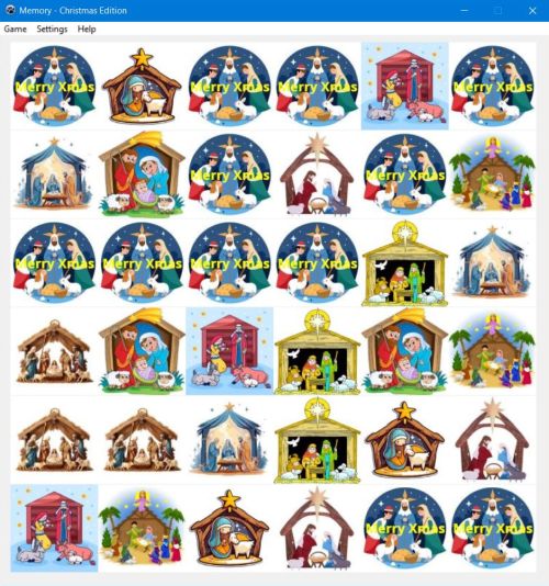 A free Memory game for PC with Christmas related picture sets (here 'Nativity' pictures)