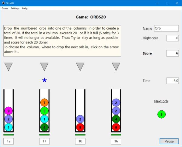 'Drop the orbs' real time game for PC