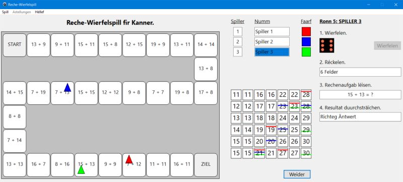 PC application for children in Luxembourgish: Dice game with arithmetic exercises