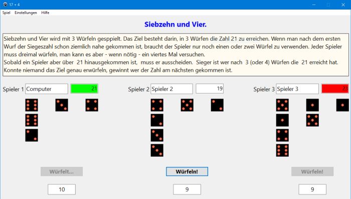 Simple multiple players 'Seventeen plus four' dice game