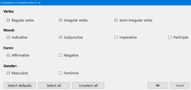 Conjugation of Spanish verbs in -ar: Exercise selection