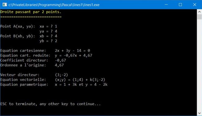 Determination of the equation of a line passing through 2 points