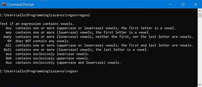 Regular expressions in Free Pascal: Sample program - Checking if a string contains vowels