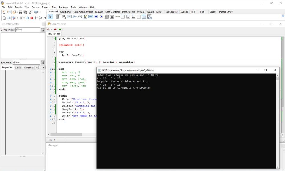 Free Pascal inline assembly: Execution of a 32-bit 'swap variables' program