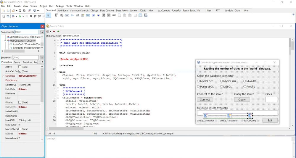 Simple Lazarus multiple connector-types database project: The TSQLQuery object