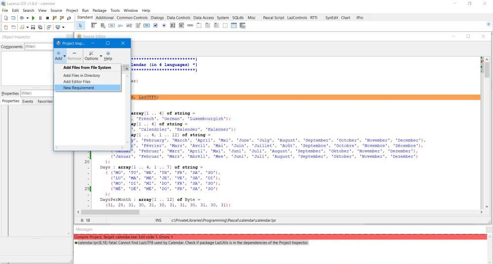 Lazarus Project Inspector: Adding a new requirement
