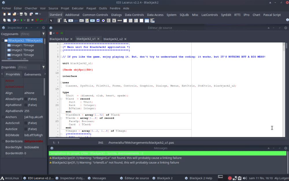 Installing Lazarus on ArcoLinux: gcc related warning messages when building an application