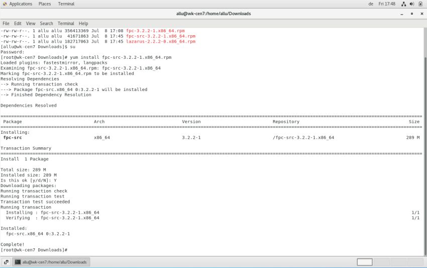 Successful installation of the (rebuild) Free Pascal compiler RPM on CentOS 7