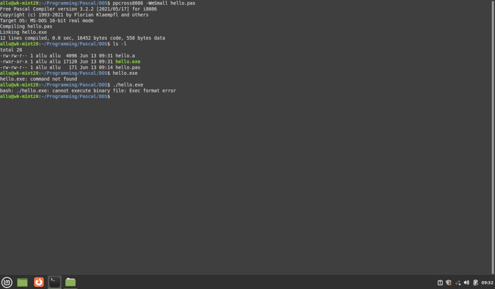 Linux Mint: Building a Free Pascal program for DOS 16bit (in a terminal)