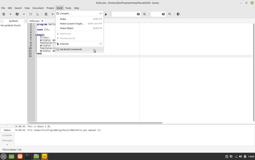 Linux Mint: Configuring Geany to use the FPC DOS cross-compiler to build Pascal files [1]