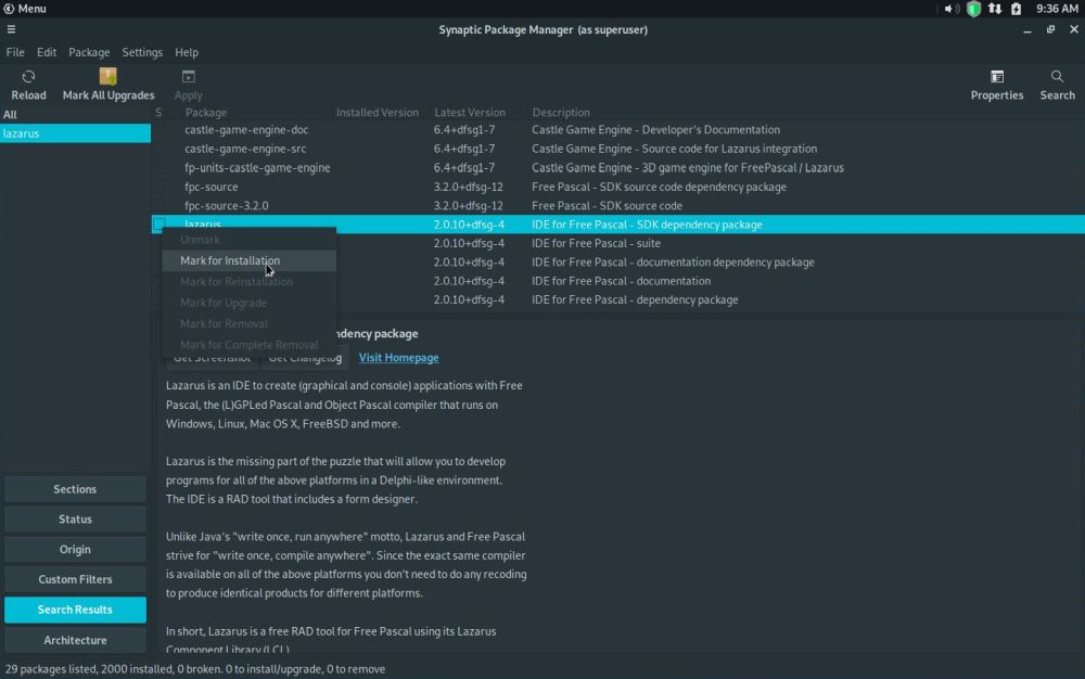 Lazarus/FPC on Uruk GNU/Linux: Synaptic Package Manager - Marking the 'lazarus' package for installation