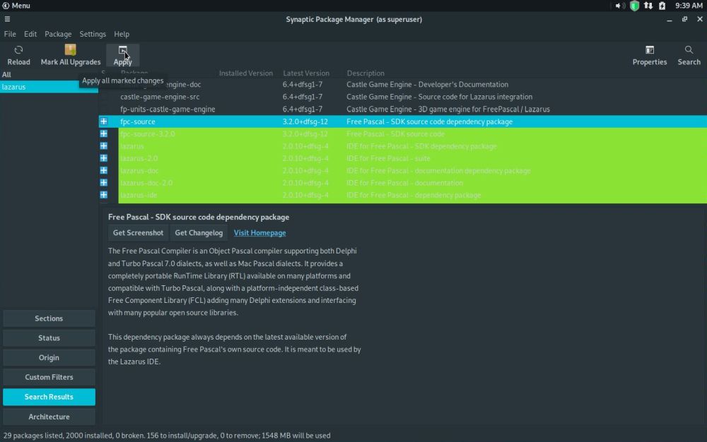 Lazarus/FPC on Uruk GNU/Linux: Synaptic Package Manager - Starting installation of the marked packages