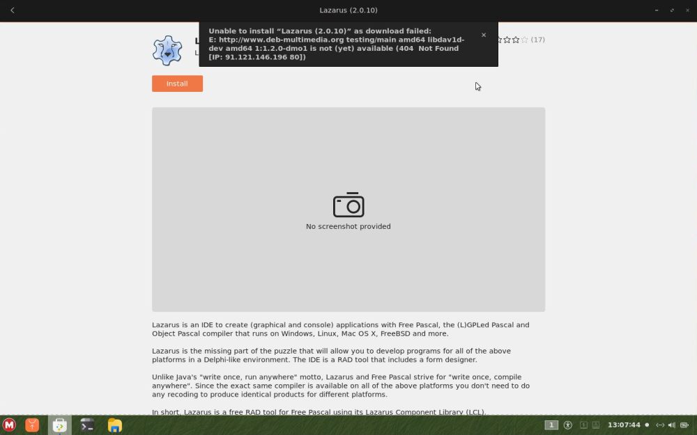 Lazarus/FPC on MakuluLinux LinDoz: Error 404 when trying to install using 'Software'