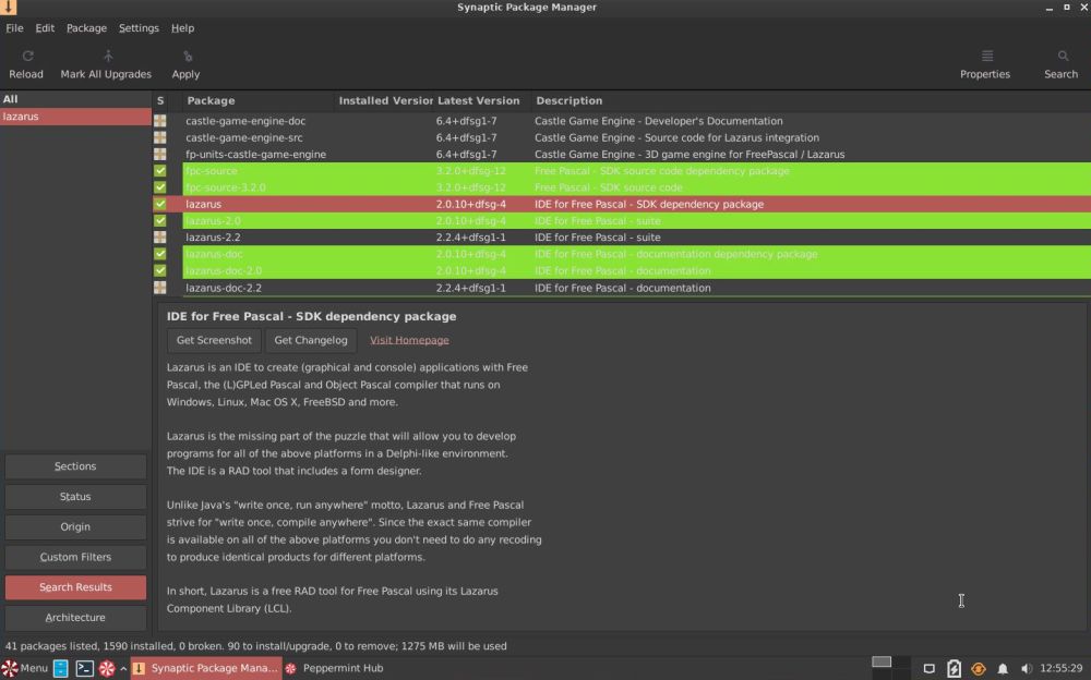 Lazarus/FPC on Peppermint OS: Synaptic Package Manager - Selecting the Lazarus packages