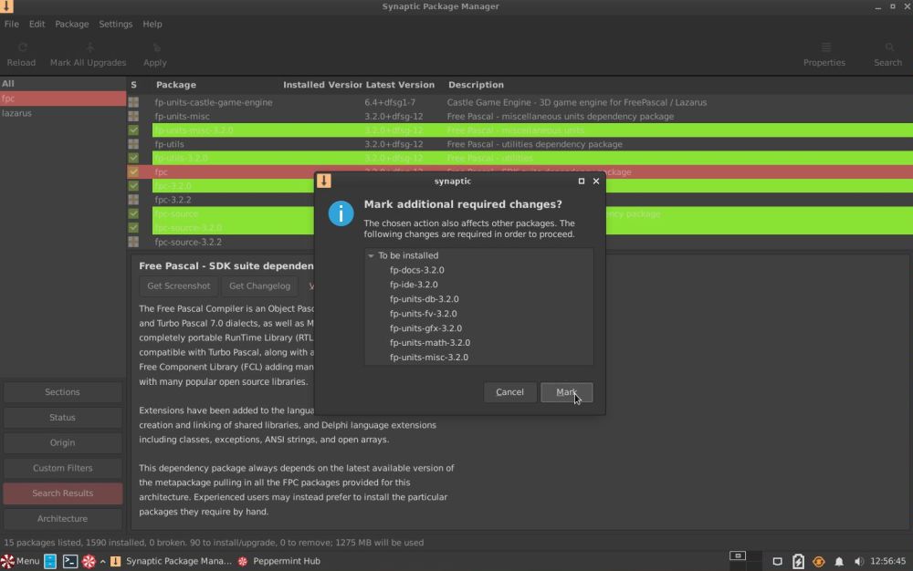 Lazarus/FPC on Peppermint OS: Synaptic Package Manager - Selecting the FPC and related packages