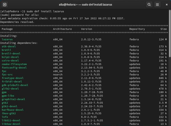 Fedora - Installing Lazarus using dnf: Display of the package list
