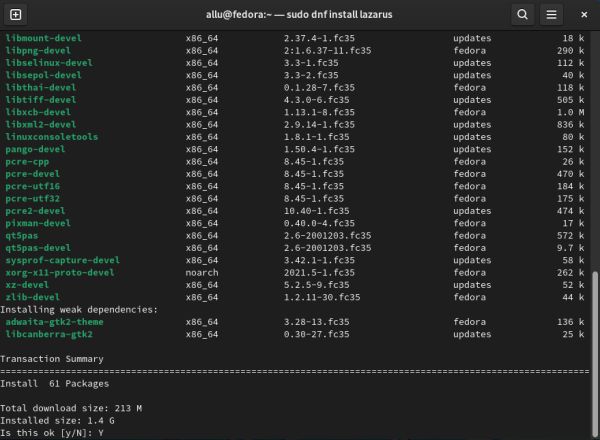 Fedora - Installing Lazarus using dnf: Confirmation to download and install the packages