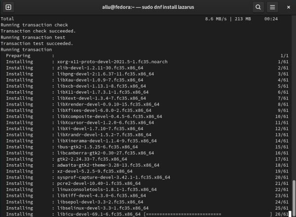 Fedora - Installing Lazarus using dnf: Installing the new packages