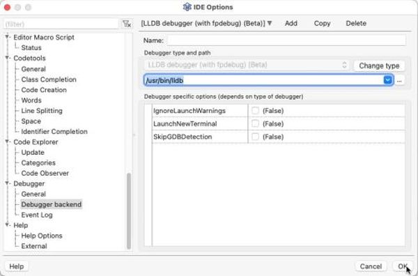 Lazarus debugging on macOS: Setting the path to the LLDB executable