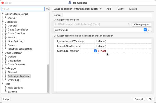 Lazarus debugging on macOS: Final debugger backend configuration