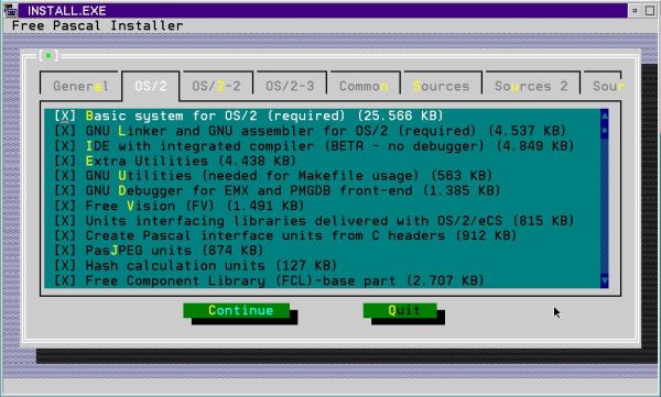 Installing Free Pascal on OS/2: Selecting components to be installed