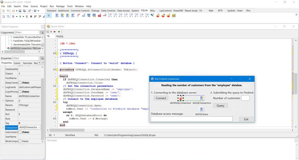 Lazarus/Free Pascal database project with Firebird: The TIBConnection component