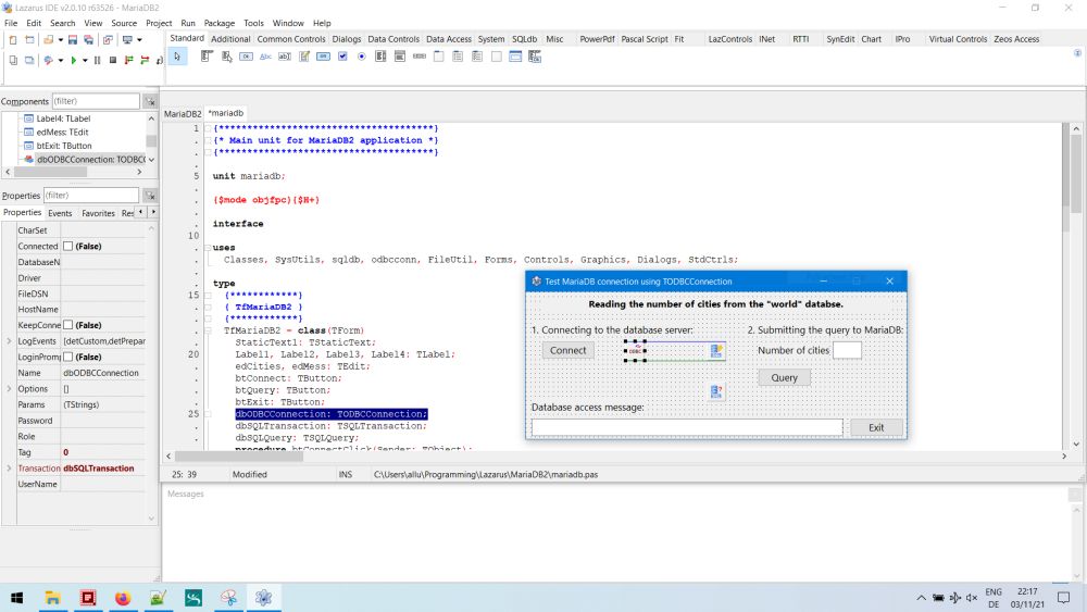Lazarus project with MariaDB: The TODBCconnection component