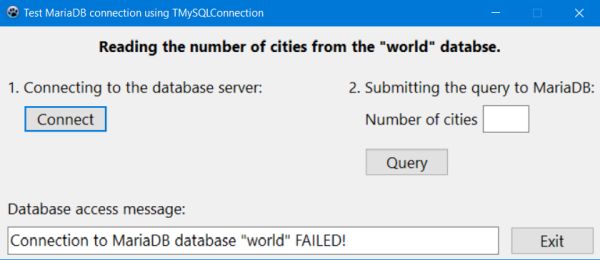 Lazarus project with MariaDB: MariaDB connection failed error