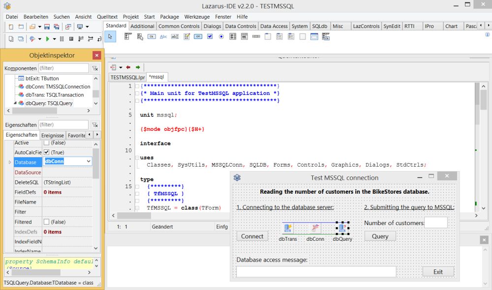 Lazarus/Free Pascal database project with MSSQL: The TSQLQuery component