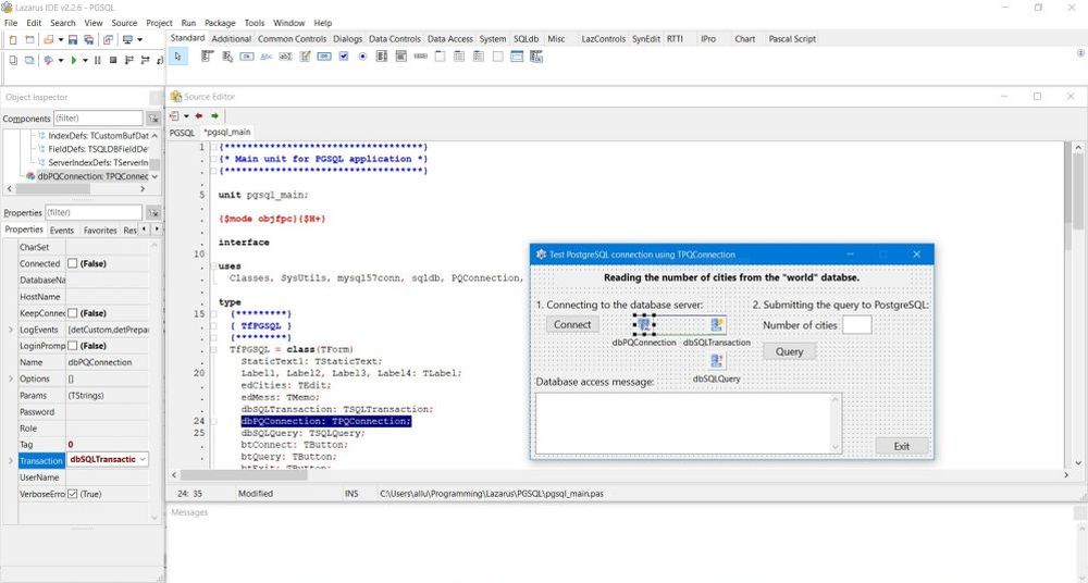 Lazarus/Free Pascal database project with PostgreSQL: The TPQConnection component