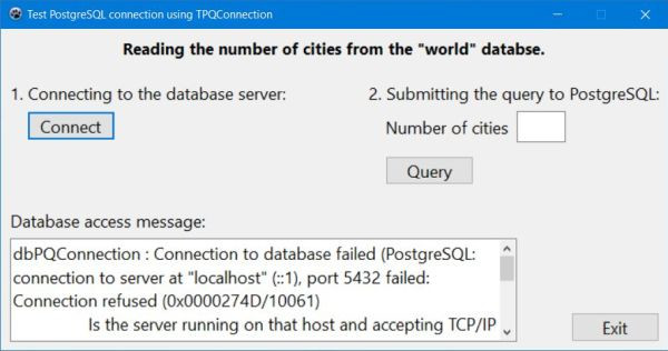 Lazarus/Free Pascal database project with PostgreSQL: Connection failure because the server is offline