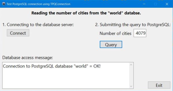 Lazarus/Free Pascal database project with PostgreSQL: Successful query of the 'world' database