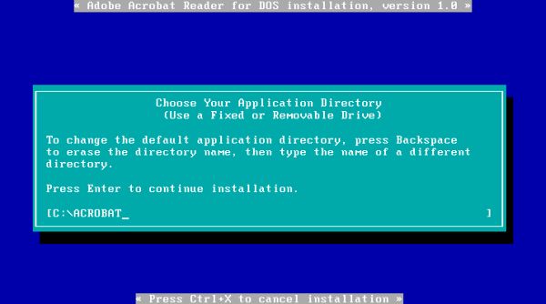 Acrobat Reader on FreeDOS: Setup - Choosing a custom installation directory