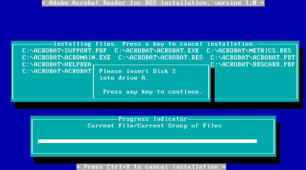 Acrobat Reader on FreeDOS: Setup - File copy and change of the floppy diskette